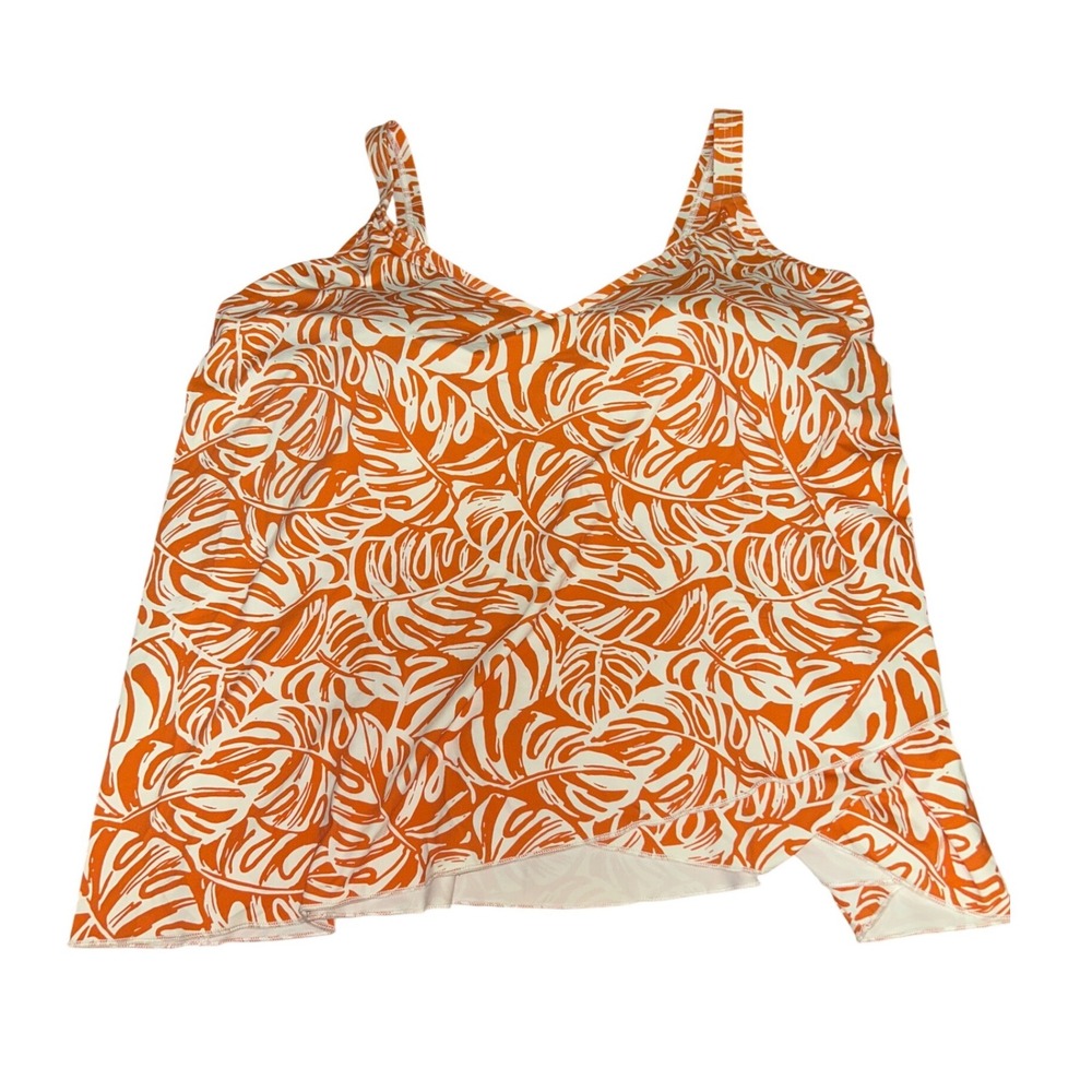 Lands' End Orange Tropical Monstera Leaf Handkerchief Hem Tankini Swim‎ Top  XL